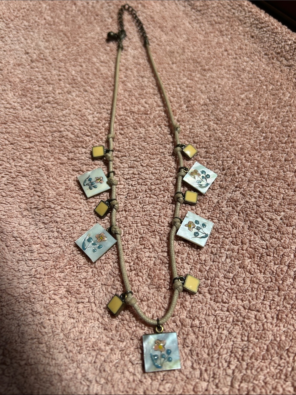 Handcrafted Beige Cord Necklace with Yellow and Mother-of-Pearl Floral Squares